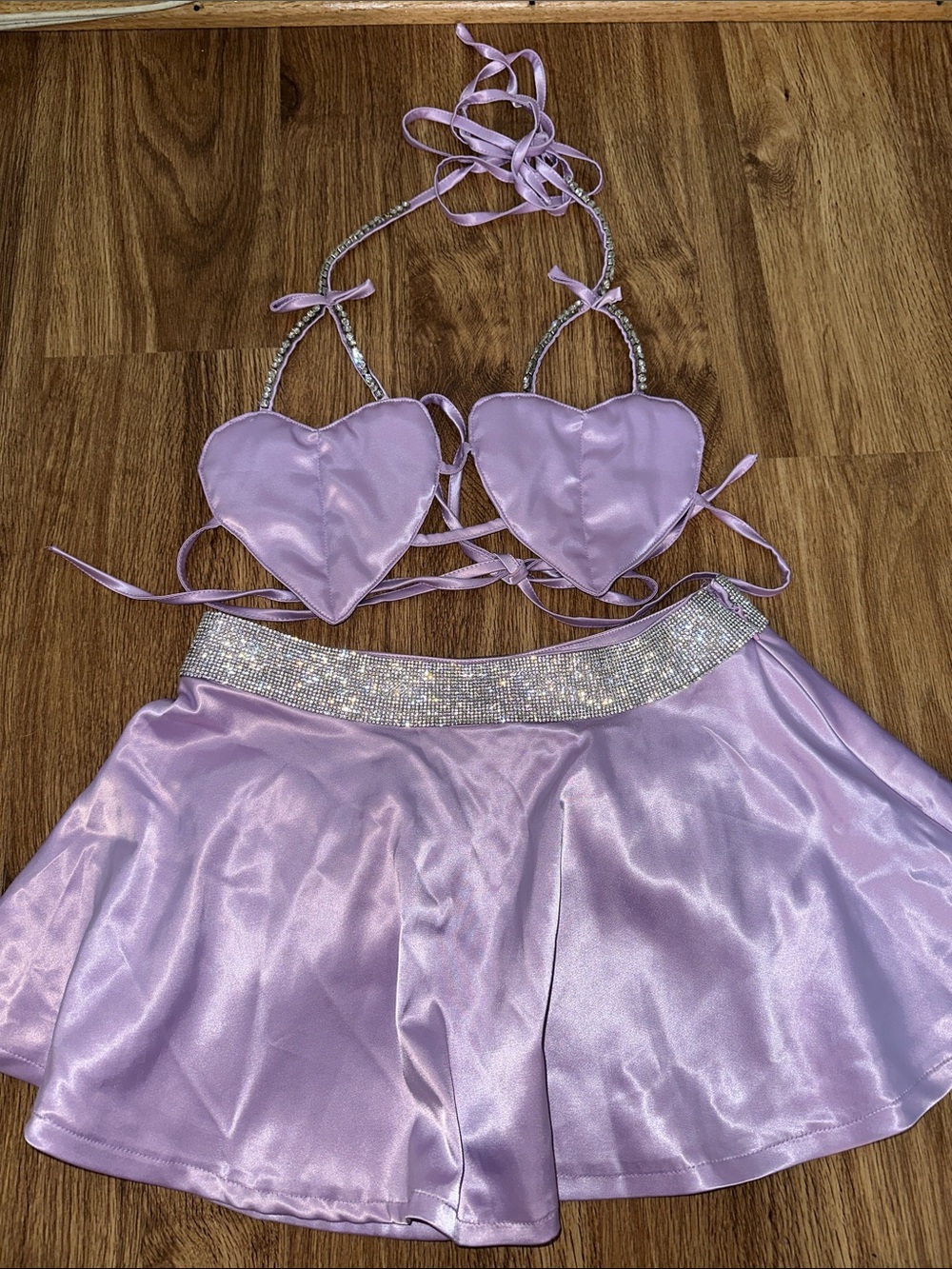 iHeartRaves Lilac Satin Heart Bralette and Skirt Set
